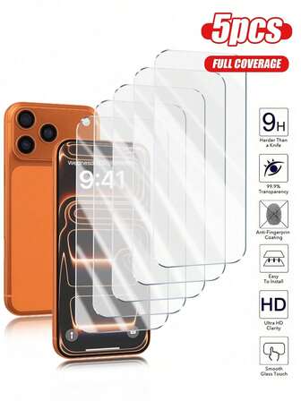 5pcs Compatible With IPhone 14 Pro Max/14 Pro/14 Plus/16 Pro/16 Pro Max/16 Plus/15 Pro/15 Plus/13 Pro Max/13/12/11/17/17 Air/17 Pro/17 Pro Max, Screen Protector, Dual-Layer Tempered Glass, 9H Hardness, 99.99% HD Clarity, Compatible With Phone Cases, 15 Screen Protector, Phone Accessories, Birthday Anti-Drop Gift For Family And Friends