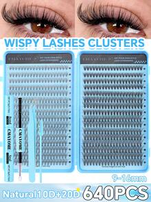 640/544片装睫毛胶水套装，打造自然浓密睫毛。D型卷翘假睫毛，柔软蓬松，长度9-16毫米，簇状睫毛，单根睫毛，DIY睫毛嫁接，自然簇状睫毛。10D+20D/30D+40D/50D+60D/80D+100D卷翘睫毛组合套装。包含胶水、定型液、睫毛镊子和睫毛刷，新手友好。