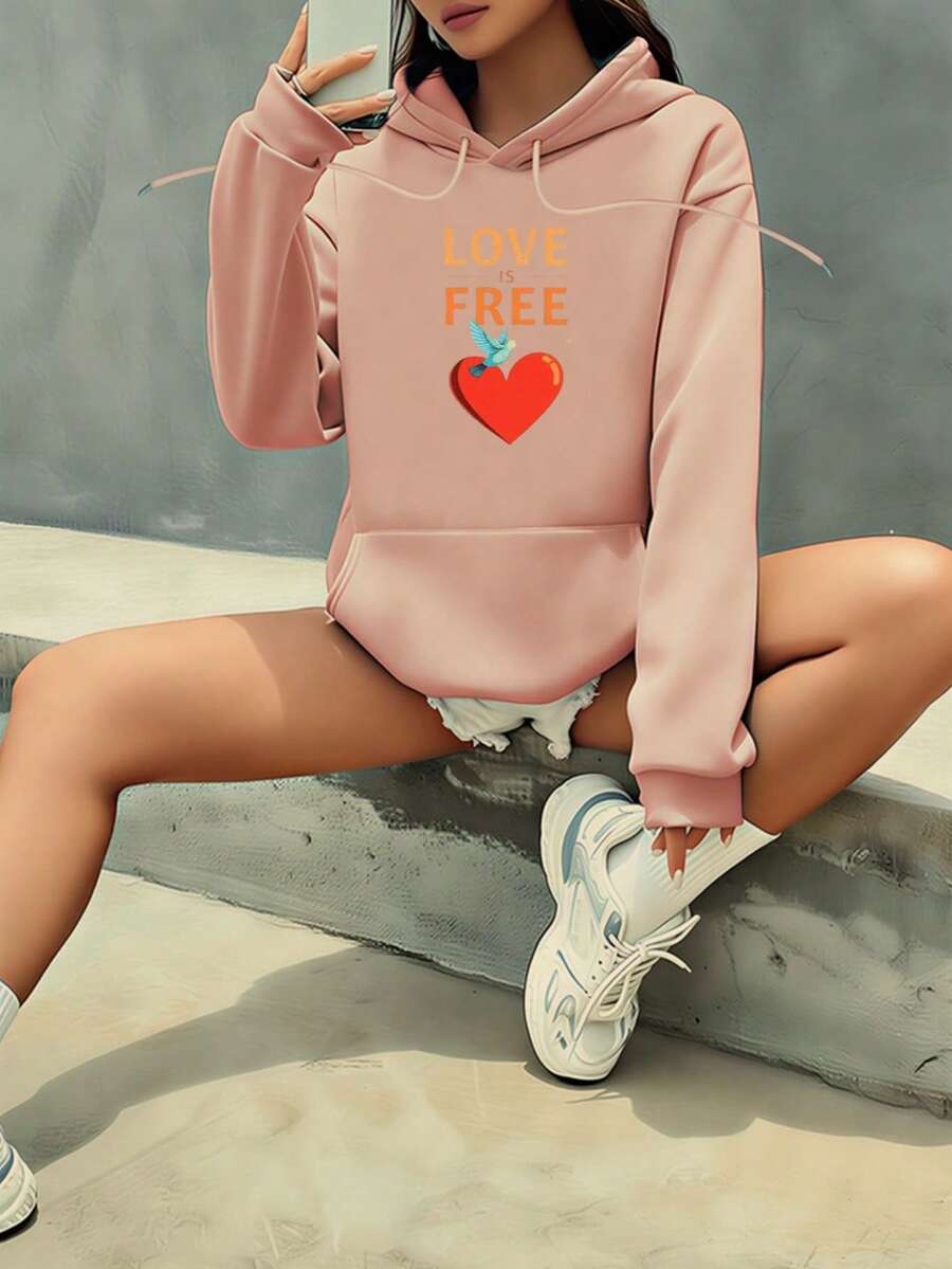 Loveisfree Print Hoodie - Long Sleeve, Knit Fabric, Relaxed Fit, Full Size, Fashionable Graphic Print, Perfect For Casual Outings And Daily Wear, Black White Red Grey Navy,Fall Hoodies,Men's Fall Clothes,Street Wear,Halloween,Mens Hoodies,Y2k Clothes,Jesus Hoodie,Thanksgiving Day,Nightmare Before Christmas,Christmas - 粉色 - 查看 1