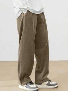 1pc Men's Corduroy Drawstring Waist Wide Leg Casual Sports Pants, Suitable For Outdoor Activities - Khaki - View 5