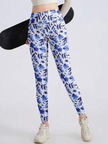 1 pièce Legging taille haute pour femmes, levant les fesses, serré, pantalon d'entraînement, collant de course, imprimé floral, doux et confortable, évacuant l'humidité, convient pour la gym, le Pilates, le yoga, les sports extérieurs, la course, le cyclisme, le soccer, le tennis, le badminton, le golf - Bleu azur - Voir 6