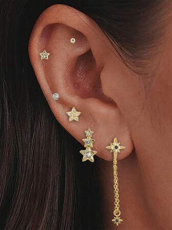 Shescity Set de 6 piezas de pendientes de aro con borla y estrella con circonita, elegantes y exquisitos, versátiles para mujeres