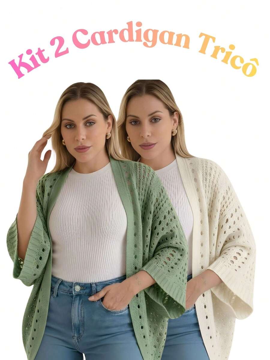 Kit 2 Blusa Feminina Cardigan Tricô Capa Tricot Vazado Outono
