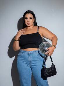 Cropped Top Thin Strap Basic Tank Top Plus Size Women's - Black - View 4