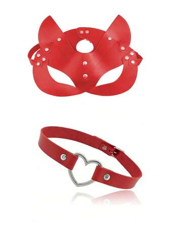 2 st/1 st Herr- och Dammasker Samma Stil Kattmask Räv Halvmask Halloween Party Bal Cosplay Mask Kärleksring Dekorativ Krage Underkläder Tillbehör