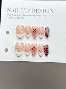 10 Pieces Of Purely Handmade Wearable Nail Tips, Short Almond-Shaped Nail Form With Press-On Fake Nails, Featuring A Fashionable And Minimalist Style. They Are Hand-Painted With White French Tips, Snake Skin And Crocodile Skin Patterns, And Adorned With Cute Tiny Golden Steel Beads. Nail Supplies Handmade Press On Nails - Multicolor - View 2