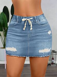Elastic Waist Skinny Denim Mini Skirt, Simple & Fashionable, Suitable For Summer - Light Wash - View 9