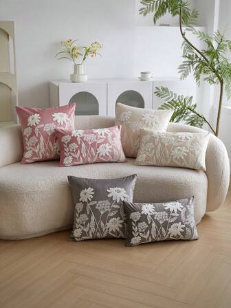 1pc 3D Embroidered Floral Velvet Decorative Throw Pillow Cover, Suitable For Living Room, Bedroom, Party, Car And Various Environments, All Season