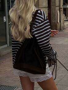 New Stylish Elegant Ribbed Round Neck Long Sleeve Striped Knit Top - Brown - View 2