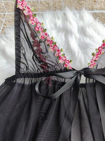 A Two-Piece Set Including A Slit Sheer Dress, A Floral Embroidered Slip Dress, And A Thong; Women's Sexy Lingerie.