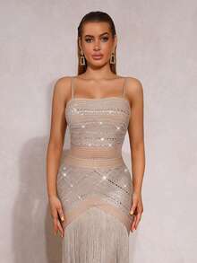 新款时尚性感流苏钻石吊带露背拉链长裙，优雅女士正式晚礼服，婚礼宾客礼服，节日圣诞派对礼服 - 卡其色 - 查看 3