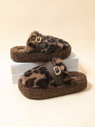2025 Women's New Winter Viral Thick-Soled Closed-Toe Fluffy Black House Slippers For Outdoor Wear, New Autumn Buckle Plush Slides, Spring/Autumn Indoor Home Office Leopard Print Slippers