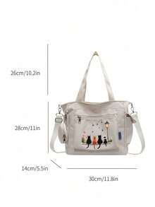 新款经典多功能纯色大容量口袋设计二合一单肩手提包，休闲帆布包，学院风设计，适合校园使用 - 白色 - 查看 7