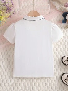 女童刺绣蝴蝶结领 Polo 短袖 T 恤 - 白色 - 查看 2