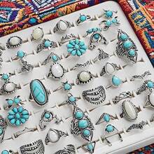 Bộ nhẫn phong cách Bohemian khảm đá ngọc lam, thiết kế kết hợp hoa/sừng hươu/hoa sen, phụ kiện thời trang cho đeo hàng ngày. - Màu Bạc Cổ - Xem 7