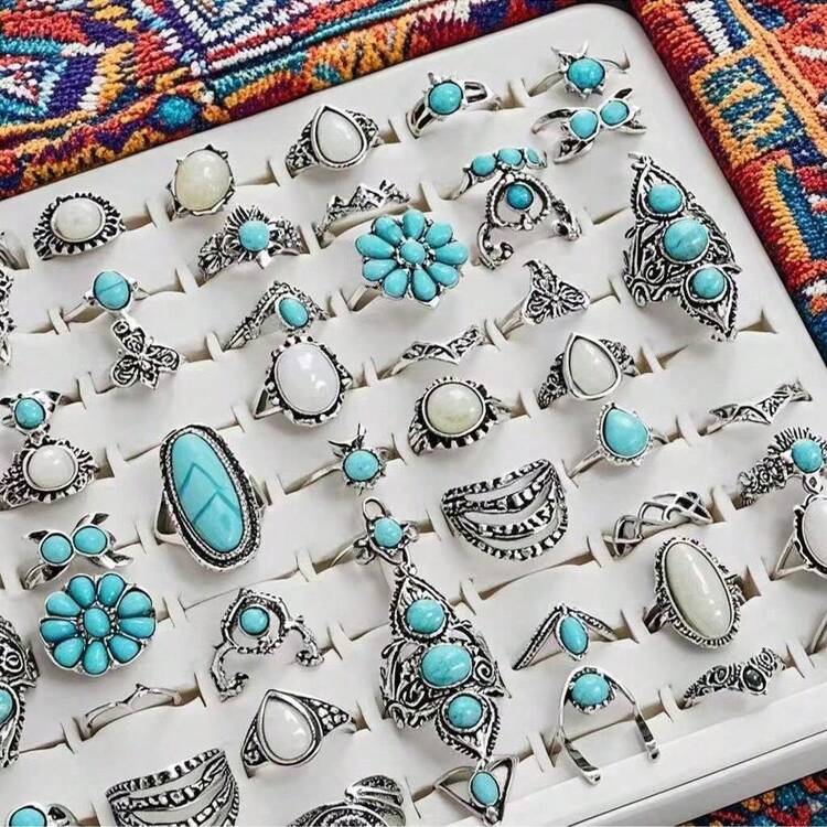 Bộ nhẫn phong cách Bohemian khảm đá ngọc lam, thiết kế kết hợp hoa/sừng hươu/hoa sen, phụ kiện thời trang cho đeo hàng ngày. - Màu Bạc Cổ - Xem 7