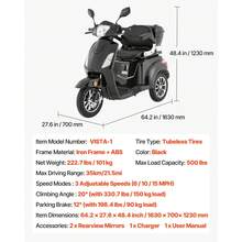 Heavy Duty 3-Wheel Mobility Scooters For Seniors & Adults, 500lbs Capacity, 21.5 Miles 3-Speed Long Range, 1000W All Terrain Electric Recreational Scooter Wheelchair, 20° Max Climbing Capacity - Xem 7