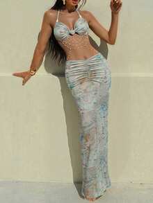 Halter Hollow Out Lace-Up Backless Fitted Bodycon Metal Chain Decor Sexy Dress - Green - View 3