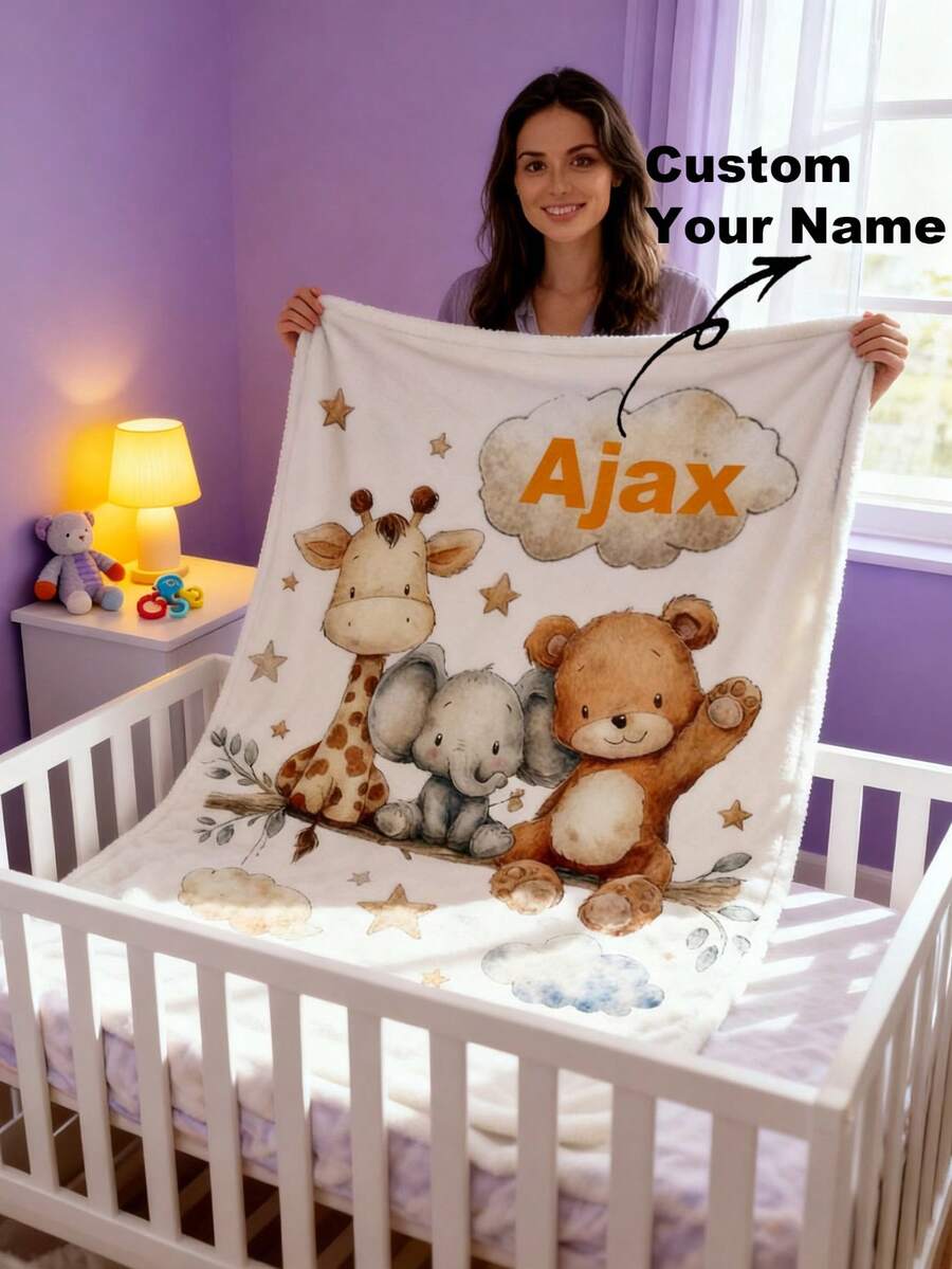 Customized Brar Blanket, Customized Name & Animal Pattern Throw Blanket, Gift For Boys & Children - Multicolor - View 1