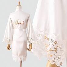 Women's Bride Bridesmaid Robe with Lace Trim Wedding Party Kimono Robes Soft Satin Bathrobe Getting Ready - .blanco + Mezcla de poliéster - Ver 5