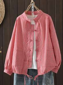 Vintage Plaid Button-Up Shirt For Women, Loose Fit, Slimming, Chinese Collar, Cardigan Style, Spring/Autumn