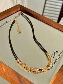 1pc Fashionable Minimalist Retro Exaggerated Multi-Circle Geometric Leather Cord Necklace Choker - Black - View 8