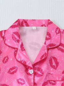 2pcs Valentine's Day Women Pajama Set, Leopard Print Heart Satin Short Sleeve Shirt With Pocket & Collar And Bow Shorts Sleepwear Loungewear - Hồng - Xem 3