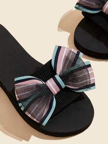 女士蝴蝶结装饰休闲平底鞋 - 后跟系带 EVA 鞋底，圆头套脚凉鞋，织物内里，亚麻鞋面，中跟，四季皆宜 - 可手洗 - 彩色 - 查看 6