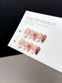 10 Pieces Of Purely Handmade Wearable Nail Tips, Short Almond-Shaped Nail Form With Press-On Fake Nails, Featuring A Fashionable And Minimalist Style. They Are Hand-Painted With White French Tips, Snake Skin And Crocodile Skin Patterns, And Adorned With Cute Tiny Golden Steel Beads. Nail Supplies Handmade Press On Nails - Multicolor - View 5