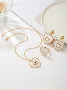 Set de 4 piezas con collar con colgante de perla incrustada con estilo de lujo ligero, anillo y aretes, adecuado para uso diario de mujeres y como regalo de Año Nuevo, regalo de cumpleaños