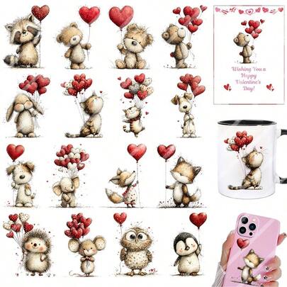 2 Sheets Cute Animals Valentines Day Hearts Love DIY UV DTF Rub On Transfer Stickers Crafts, Junk Journal, Tumbler Glass Jars, Coffee Mugs Cup Wraps, Bottles Vase, Laptops Phone Cases, Greeting Cards Decal Stickers, Illustration, Scrapbooking, Ornament Transfer Stickers, Home Decor, 6.8cm