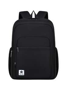 1pc Simple Black Backpack, Multi-Pocket Design With Clover Patch, Adjustable Shoulder Straps, Lightweight Nylon Student Backpack, Zipper Closure - Black - View 8