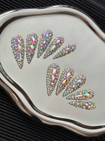 Uñas postizas de tacón alto hechas a mano con puntas multicolores y cristales irregulares AB, con patrones de explosión de brillo 3D y diseños inspirados en Y2K - Uñas postizas de cobertura completa con brillo DIY para conciertos, raves, discotecas y declaraciones de moda audaces - 10 piezas/bolsa
