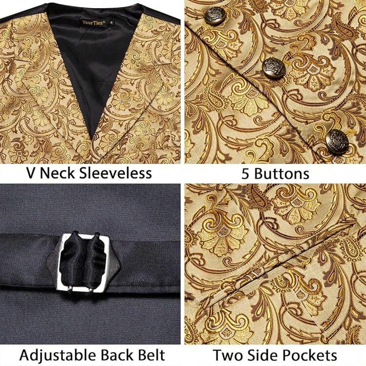 Mens Suit Vest 4PC Silk Paisley Vest With Necktie Pocket Square Cufflinks Formal Woven Waistcoat Suit TuxedoChristmas SAOA - 金色花卉 - 查看 4