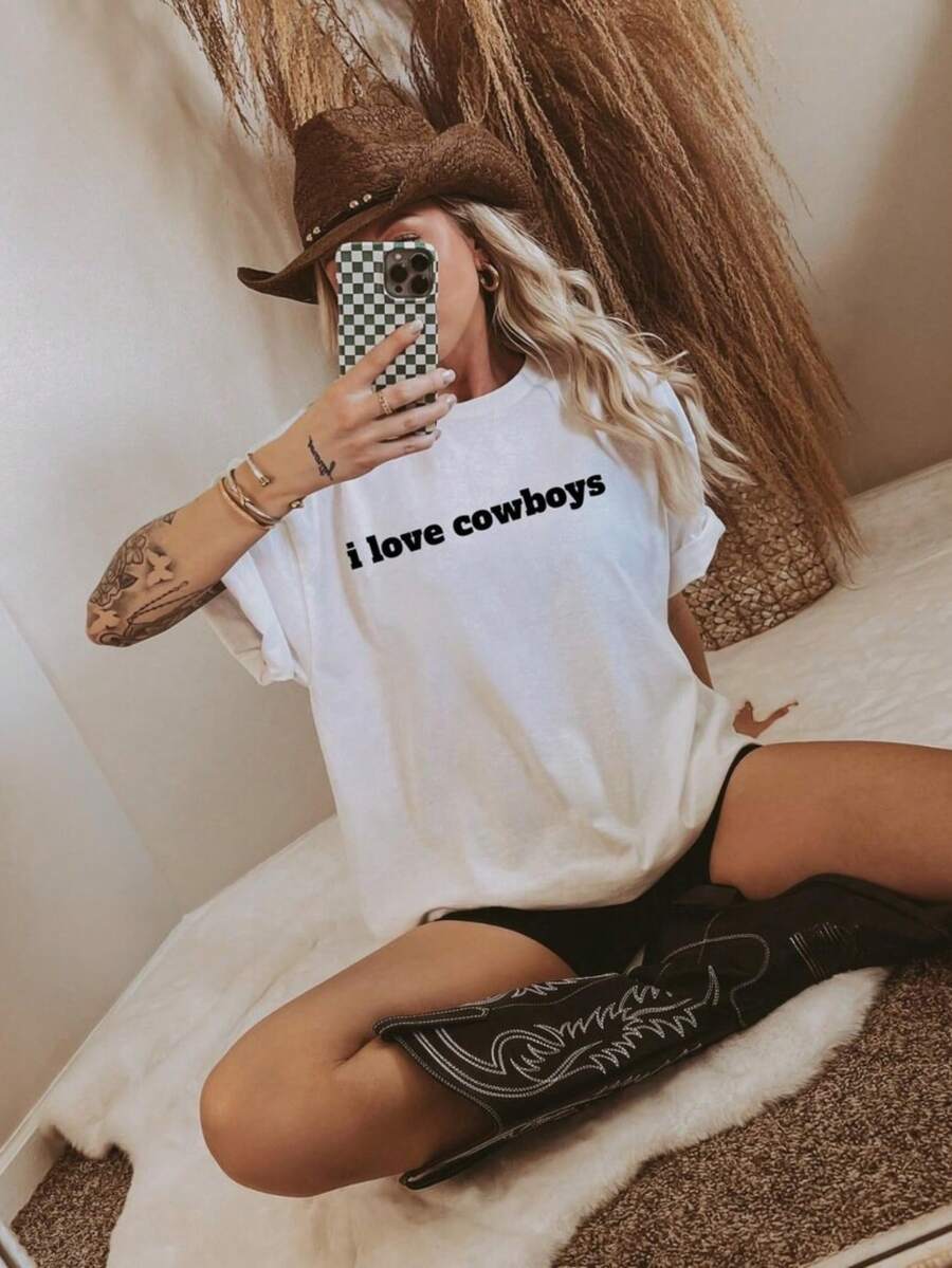 I Love Cowboys Shirt, Country Concert Tee, Simple Western Tee - 白色 - 查看 1