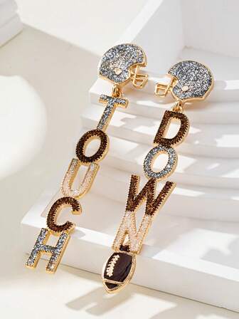 1 Pair Luxury Exquisite Sparkling Rugby Helmet Letter TOUCH DOWN Rugby Match Versatile Fashion Women's Earrings Party Gifts