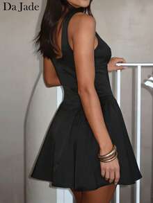 Da Jade Women's Elegant V-Neck Satin-Feel Chiffon Mini Dress, Minimalist Style, Suitable For Summer/Autumn Events, Office Casual, Commute, Cocktail Party, Bridesmaid, Ball Gown, Christmas And New Year's Eve - Black - View 3