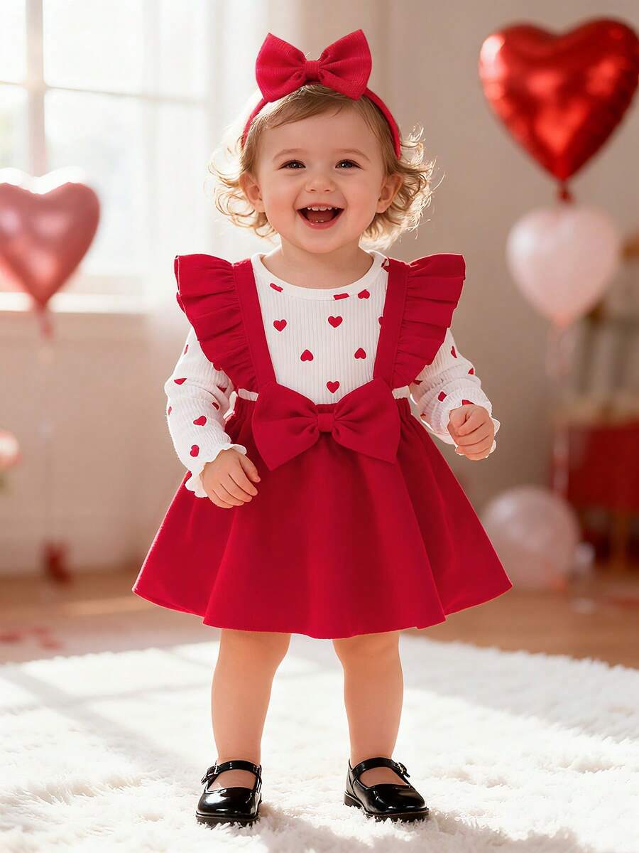 This Baby's Spring/Summer Outfit Features A Triangle Bodysuit With A Pinafore Dress. The Inner Layer Is Covered In Heart Patterns, While The Outer Pinafore Dress Is Adorned With A Large Bow And Layered Ruffles At The Shoulders. Paired With A Matching Headband, It's Perfect For Valentine's Day, Family Gatherings, Or Everyday Outings. - Red - View 1