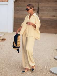 Women's Summer French Beige Non-Stretch Collared Shirt And Wide Leg Pants Set, Bohemian Style Elegant 2 Pieces Outfit, Women's Casual Holiday Wear - Yellow - View 8