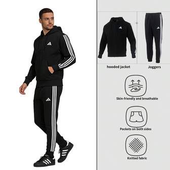 Adidas Men's Tracksuit: M 3S FL FZ HD Knitted Hooded Fleece Sweatshirt + M 3S FL TC PT Knitted Fleece-Lined Jogging Pants (For Jogging, Commuting, And Running). JD1870 + JD1861