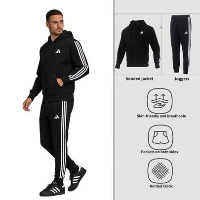 Adidas Men's Tracksuit: M 3S FL FZ HD Knitted Hooded Fleece Sweatshirt + M 3S FL TC PT Knitted Fleece-Lined Jogging Pants (For Jogging, Commuting, And Running). JD1870 + JD1861