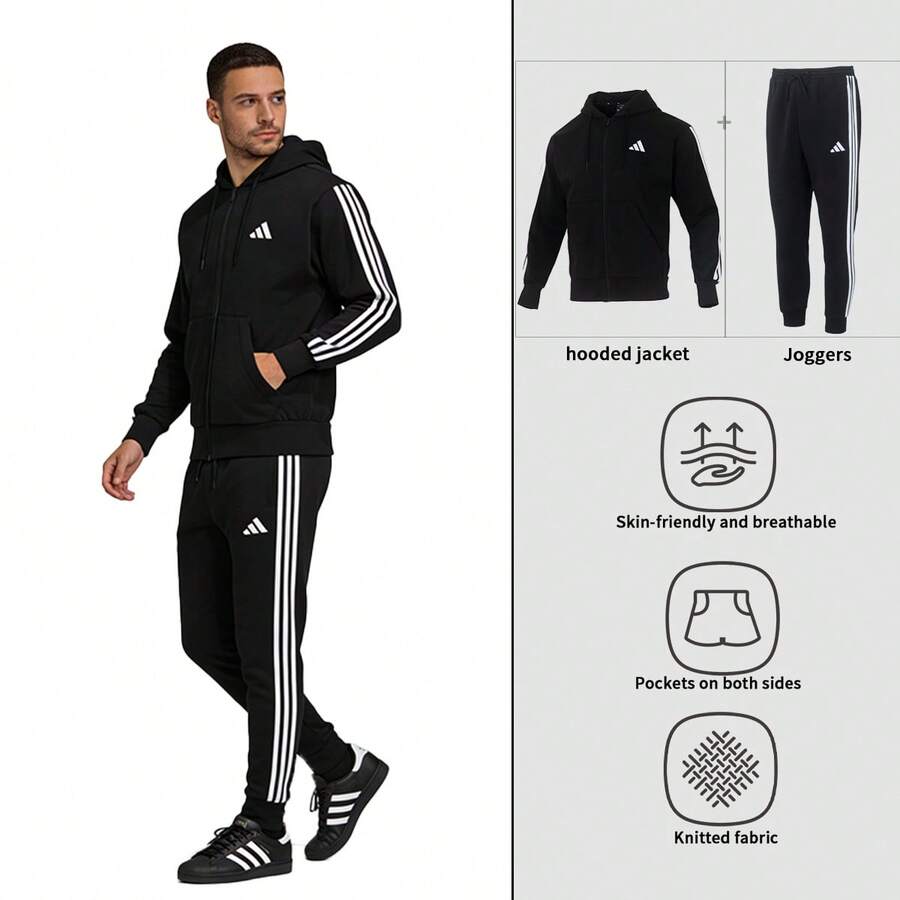 Adidas Men's Tracksuit: M 3S FL FZ HD Knitted Hooded Fleece Sweatshirt + M 3S FL TC PT Knitted Fleece-Lined Jogging Pants (For Jogging, Commuting, And Running). JD1870 + JD1861 - Black/white - View 1