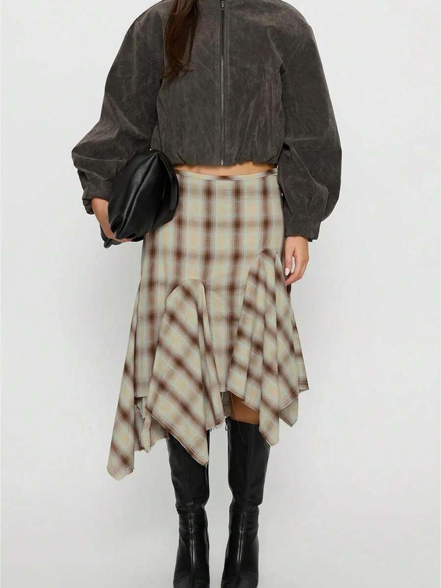 Women's Asymmetrical Plaid Midi Skirt  Y2k Retro Plaid A Line Pleated Skirt  Autumn Fashionable Flowy Maxi Skirt - 彩色 - 查看 1