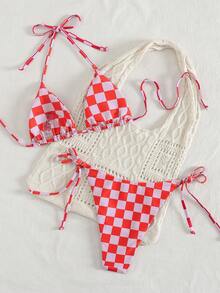 Bộ bikini thắt dây lưng họa tiết kẻ sọc hồng mới thời trang gợi cảm cho kỳ nghỉ bãi biển dành cho nữ - Hồng - Xem 2