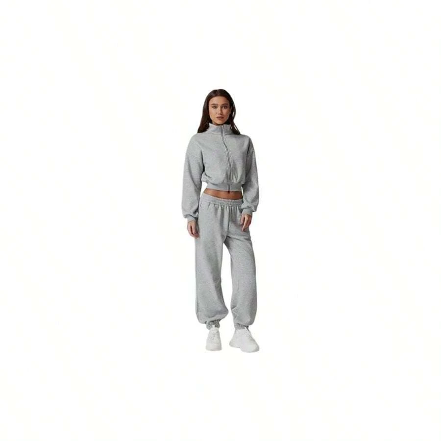 Conjunto de Sudadera para Mujer, Conjuntos Casuales para Mujer Invierno, sudadera de pierna ancha, pantaln deportivo, verstil y duradero, adecuado para uso diario, trote matutino, viajes cortos - M + Gris - Ver 1