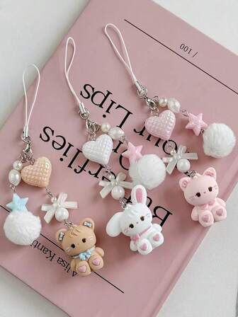 1pc Cute Cartoon Rabbit Pendant, Heart-Shaped CCD Camera Lanyard, Plush Ball Keychain
