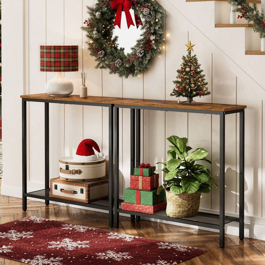 Slim Console Table With Storage, Narrow Console Table For Hallway, Industrial Hallway Table, Slim Sofa Table For Living Room, Bedroom - Brown - View 1