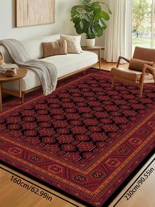 1pc Vintage Distressed Style Rug, Red Bohemian Moroccan Polyester Fiber Comfortable, Rectangular Easy Care Washable Area Carpet For Living Room, Hallway, Bedside, Home Decor