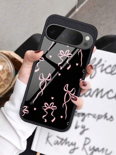 1pc Pink Bow Glass Phone Case, Compatible With Google 10/9/8/7, Galaxy S24/S25 PLUS/S23 Ultra/A16/A35/A25/A55, Cover, Bow Design, Suitable For Daily Use