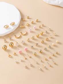 60pcs Fashion Metal Butterfly, Heart, Rhinestone, Moon, Bow Knot, Flower Stud Earrings Set, Jewelry Gift, Suitable For Daily Wear - Multicolor - View 2